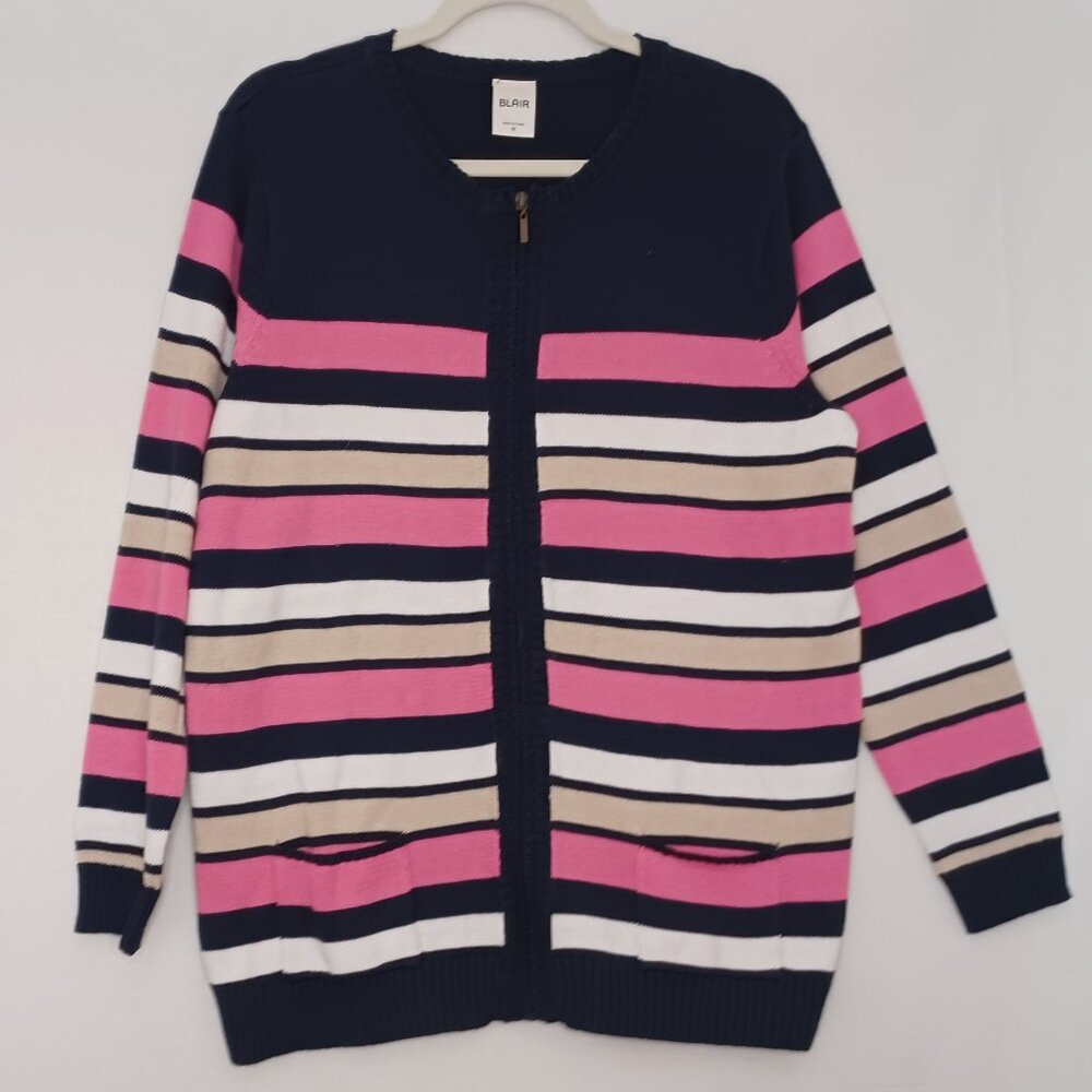 Women's Blair Pink, White, Tan, Black Striped Zip Up Cardigan‎ Size Medium